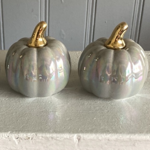 SOLD NWT Set of 2- Gray Iridescent Ceramic Pumpkins w/ Gold Stems Decorations - Picture 3 of 16